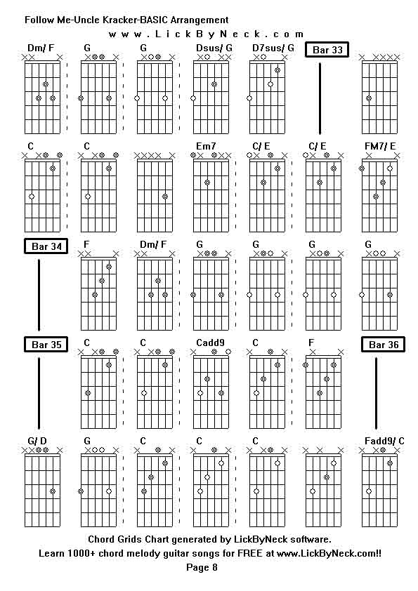 Chord Grids Chart of chord melody fingerstyle guitar song-Follow Me-Uncle Kracker-BASIC Arrangement,generated by LickByNeck software.